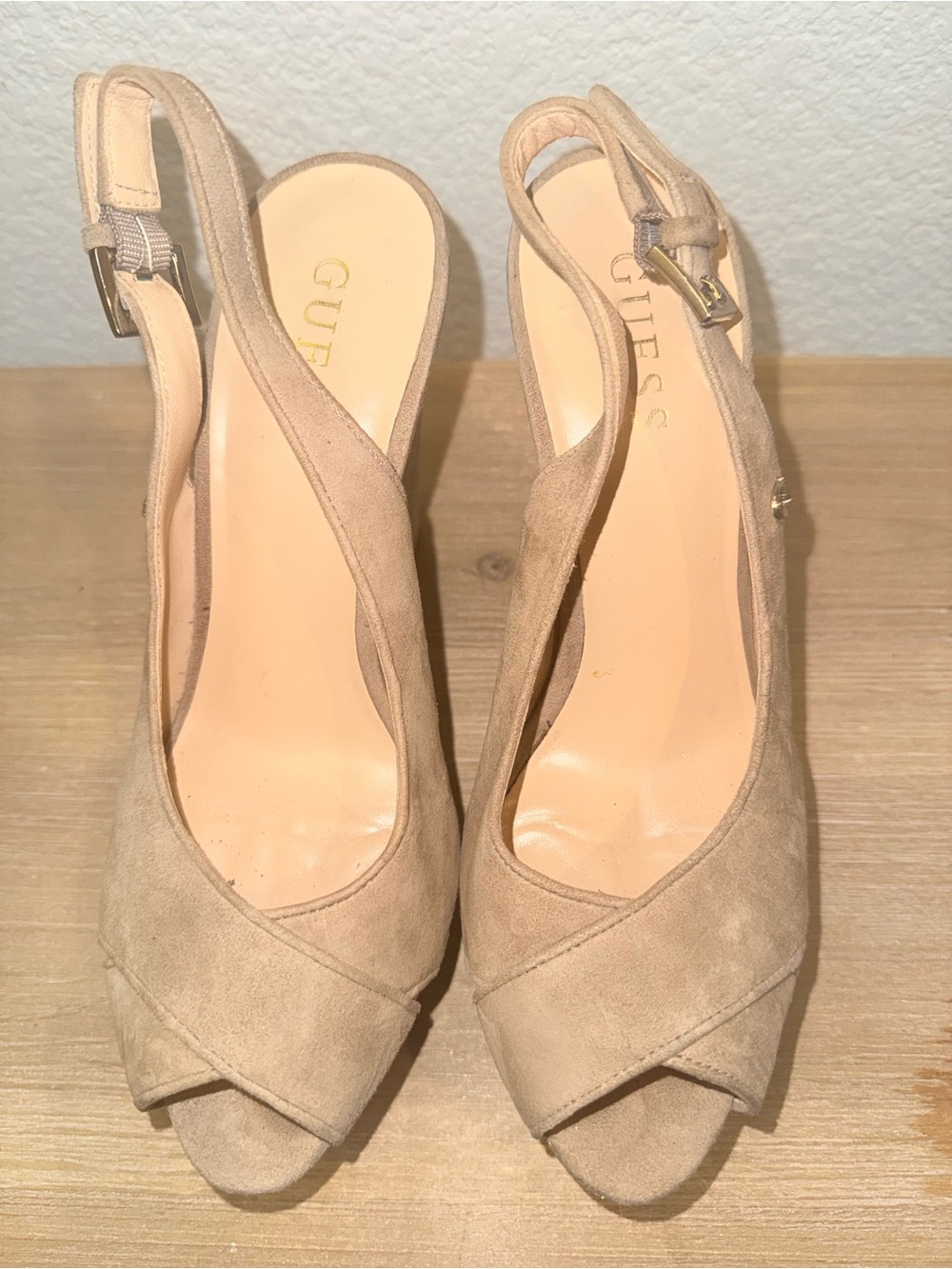 Guess Beige Peep-Toe Wedge Sandals with Glitter Platform, Size 38 - Picture 6 of 8